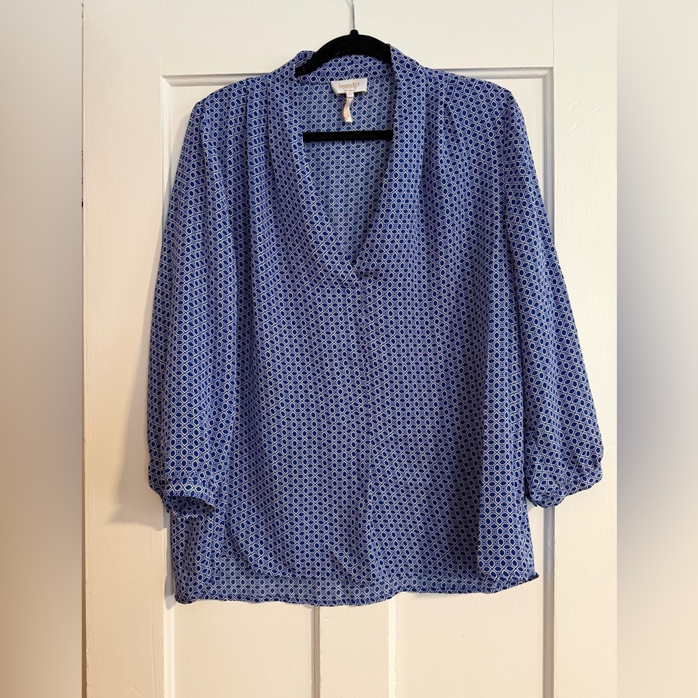 Laundry By Shelli Segal Blue Geometric Blouse XL - Picture 3 of 10